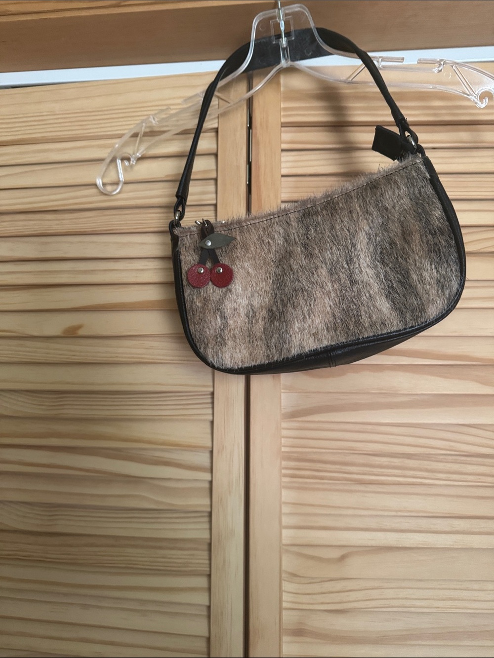 Mini Faux-Fur Shoulder Bag with Cherry Charm — Brown